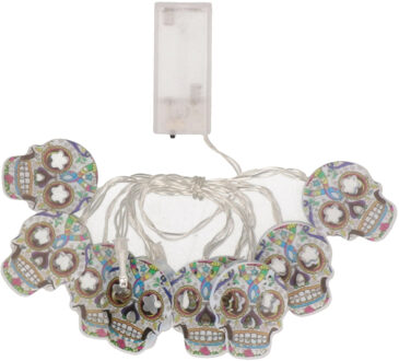 Funny Fashion Halloween LED lichtsnoer met 10x doodskoppen - 165 cm - op batterijen - voor binnen Multi