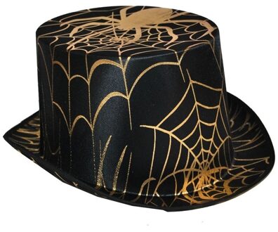 Funny Fashion Halloween thema hoge hoed - met gouden spinnenweb - zwart en goud
