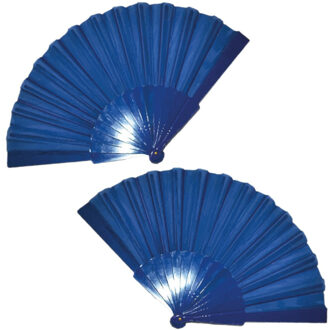 Funny Fashion Handwaaier/spaanse waaier - 2x stuks - blauw - polyester - Verkoeling in de zomer - 41 x 22 cm