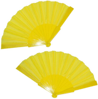 Funny Fashion Handwaaier/spaanse waaier - 2x stuks - geel - polyester - Verkoeling in de zomer - 41 x 22 cm