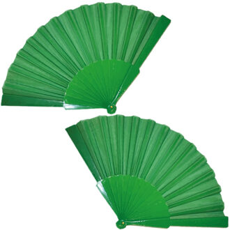 Funny Fashion Handwaaier/spaanse waaier - 2x stuks - groen - polyester - Verkoeling in de zomer - 41 x 22 cm