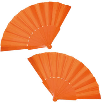 Funny Fashion Handwaaier/spaanse waaier - 2x stuks - oranje - polyester - Verkoeling in de zomer - 41 x 22 cm