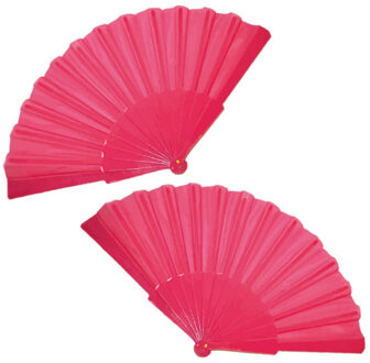 Funny Fashion Handwaaier/Spaanse waaier - 2x stuks - roze - polyester - Verkoeling in de zomer - 41 x 22 cm