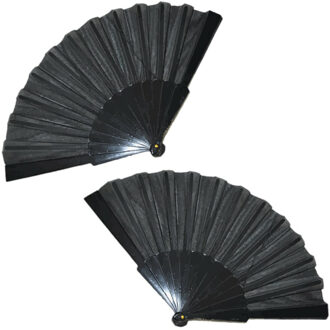 Funny Fashion Handwaaier/spaanse waaier - 2x stuks - zwart - polyester - Verkoeling in de zomer - 41 x 22 cm