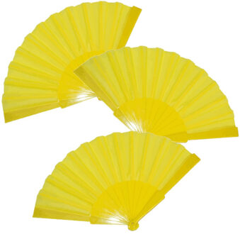 Funny Fashion Handwaaier/spaanse waaier - 4x stuks - geel - polyester - Verkoeling in de zomer - 41 x 22 cm