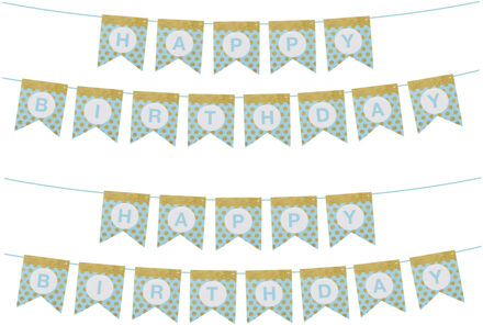 Funny Fashion Happy Birthday thema feestslinger - 2x - verjaardag - blauw/goud - 300 cm - papier