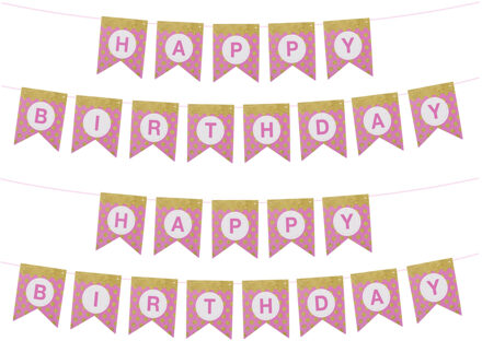 Funny Fashion Happy Birthday thema feestslinger - 2x - verjaardag - roze/goud - 300 cm - papier