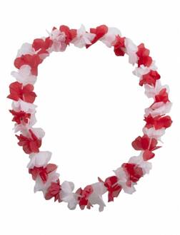Funny Fashion Hawaii krans slinger - kunststof - rood en wit - bloemenslinger