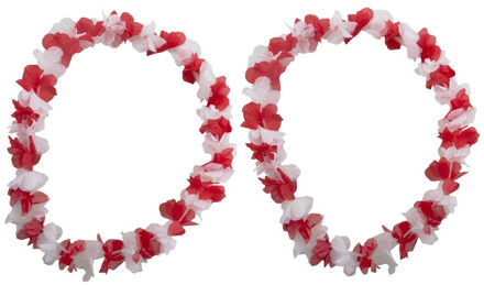 Funny Fashion Hawaii krans slinger - Set van 4x stuks - kunststof - rood en wit - bloemenslingers