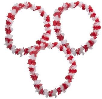 Funny Fashion Hawaii krans slinger - Set van 6x stuks - kunststof - rood en wit - bloemenslingers