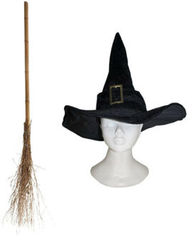Funny Fashion Heksen verkleed set - voor dames - luxe heksenhoed - met bezem van 110 cm