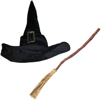 Funny Fashion Heksen verkleed set - voor dames - luxe heksenhoed - met bezem van 90 cm