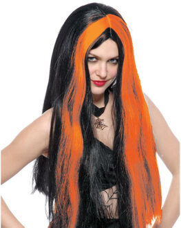 Funny Fashion Heksenpruik lang haar - zwart/oranje - dames - Halloween