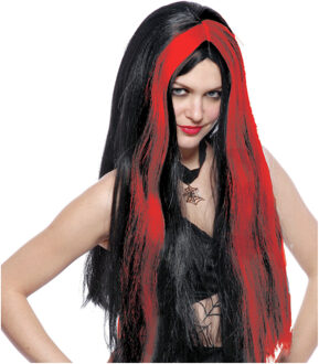 Funny Fashion Heksenpruik lang haar - zwart/rood - dames - Halloween