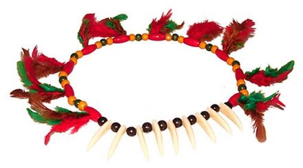 Funny Fashion Indiaan verkleed ketting - rood/groen - tanden en veren - Indianen accessoires