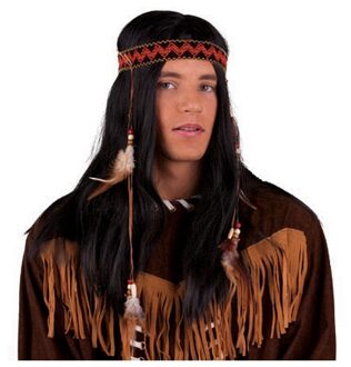 Funny Fashion Indianen verkleed pruik met hoofdband en veren - heren - carnaval - zwart haar