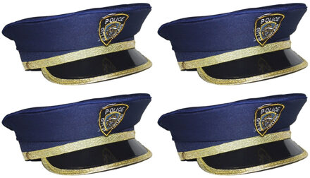 Funny Fashion Kinder politiepet - 4x stuks - blauw met goud - Agenten - Carnaval verkleed hoeden