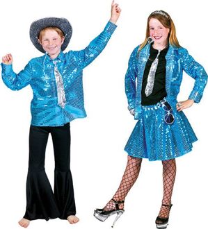 Funny Fashion Kinderkostuum | Blauwe disco glitter overhemd | Maat 116/128 | Verkleedkleding