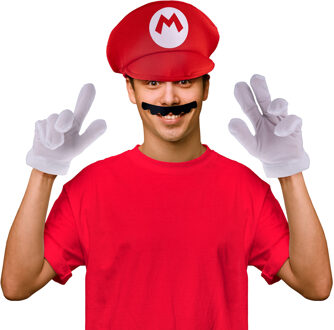 Funny Fashion Loodgieter Mario verkleedset - snor/handschoenen/pet - voor volwassenen - Verkleedattributen Multikleur