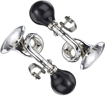 Funny Fashion Metalen feesttoeter/fietstoeter - 2x - zilver - 17 cm - met luchtbal om in te knijpen