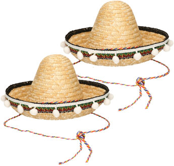 Funny Fashion Mexicaanse Sombrero hoed - 2x - voor kinderen - Naturel - 25 cm - Verkleed hoeden