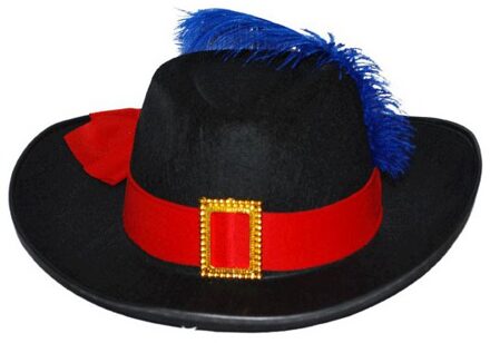 Funny Fashion Musketiers verkleed hoed met rode band en veer - volwassenen Zwart