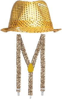 Funny Fashion Party carnaval verkleed hoedje en bretels goud glitters