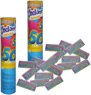 Funny Fashion Party popper/confetti shooter - 2x - verjaardag 50 jaar - papier - multi kleuren - 20 cm