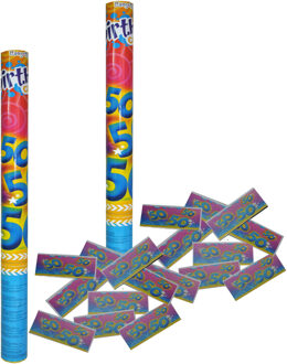 Funny Fashion Party popper/confetti shooter - 2x - verjaardag 50 jaar - papier - multi kleuren - 59 cm