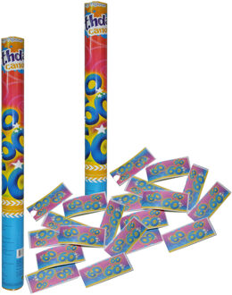 Funny Fashion Party popper/confetti shooter - 2x - verjaardag 60 jaar - papier - multi kleuren - 59 cm