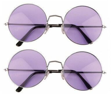Funny Fashion Party zonnebril - 2x - Hippie Flower Power Sixties - grote XL ronde glazen - paars