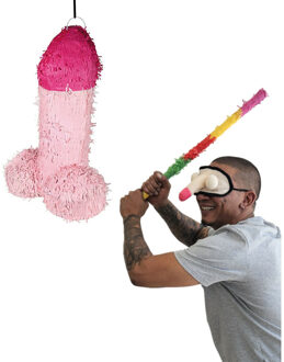 Funny Fashion Piemel Pinata feestpakket met stok en piemel oogmasker - papier - 46 x 30 cm - vrijgezellenfeesten