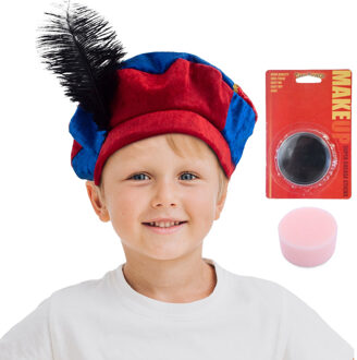 Funny Fashion Pieten baret blauw/rood - en zwarte schmink setje - met sponsje - gezicht - 16 ml - kinderen