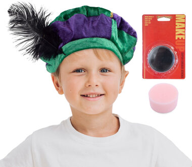 Funny Fashion Pieten baret paars/groen - en zwarte schmink setje - met sponsje - gezicht - 16 ml - kinderen