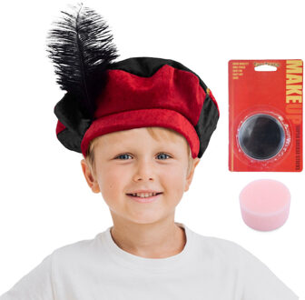 Funny Fashion Pieten baret rood/zwart - en zwarte schmink setje - met sponsje - gezicht - 16 ml - kinderen