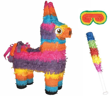 Funny Fashion Pinata van een Mexicaanse Ezel set met masker en stok - Pinatas Multikleur