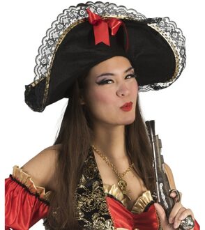 Funny Fashion Piratenhoed zwart - met strik - volwassenen - verkleed hoed - piraat - dameshoed