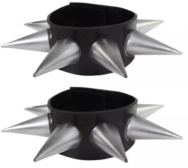 Funny Fashion Punker/rocker armband - 2x - zwart met zilveren studs/spikes