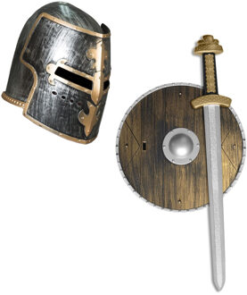 Funny Fashion Ridder helm zwart met goud met set ridder speelgoed wapens