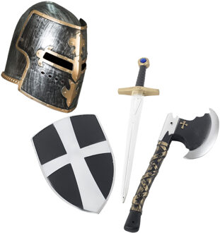Funny Fashion Ridder helm zwart met goud met set ridder speelgoed wapens