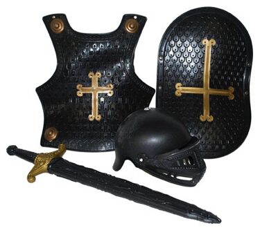 Funny Fashion Ridder verkleed accessoires set - 4-delig - zwart - ridder helm en harnas - kunststof