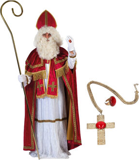 Funny Fashion Sinterklaas pak kostuum - inclusief ring - en kruis ketting met rode steen One size