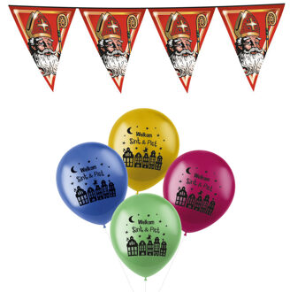 Funny Fashion Sinterklaas versiering - 2x stuks plastic vlaggenlijnen 5 meter en 18x ballonnen