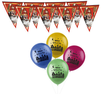 Funny Fashion Sinterklaas versiering - 3x stuks plastic vlaggenlijnen 5 meter en 30x ballonnen