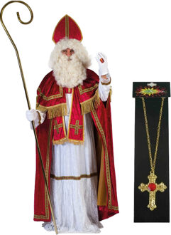 Funny Fashion Sinterklaaspak - verkleedkleding kostuum - inclusief kruis ketting met rode steen One size