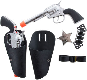 Funny Fashion Speelgoed cowboy holster met pistolen - verkleed accessoire set - 7-delig Zwart