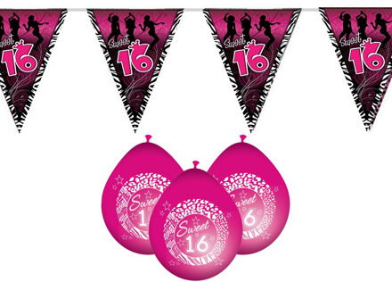 Funny Fashion Sweet 16/Sixteen versiering pakket vlaggetjes/ballonnen roze