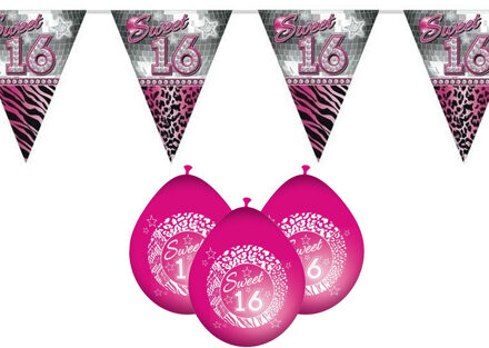 Funny Fashion Sweet 16/Sixteen versiering pakket vlaggetjes/ballonnen roze