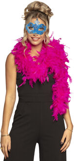 Funny Fashion Venetiaans oogmasker in het blauw - Met dikke veren Boa in het roze - 180 cm - Dames