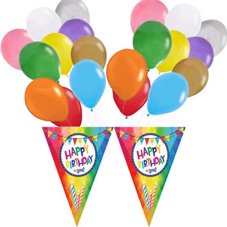 Funny Fashion Verjaardag ballonnen 100x stuks met Happy Birthday vlaggetjes 2x 5m